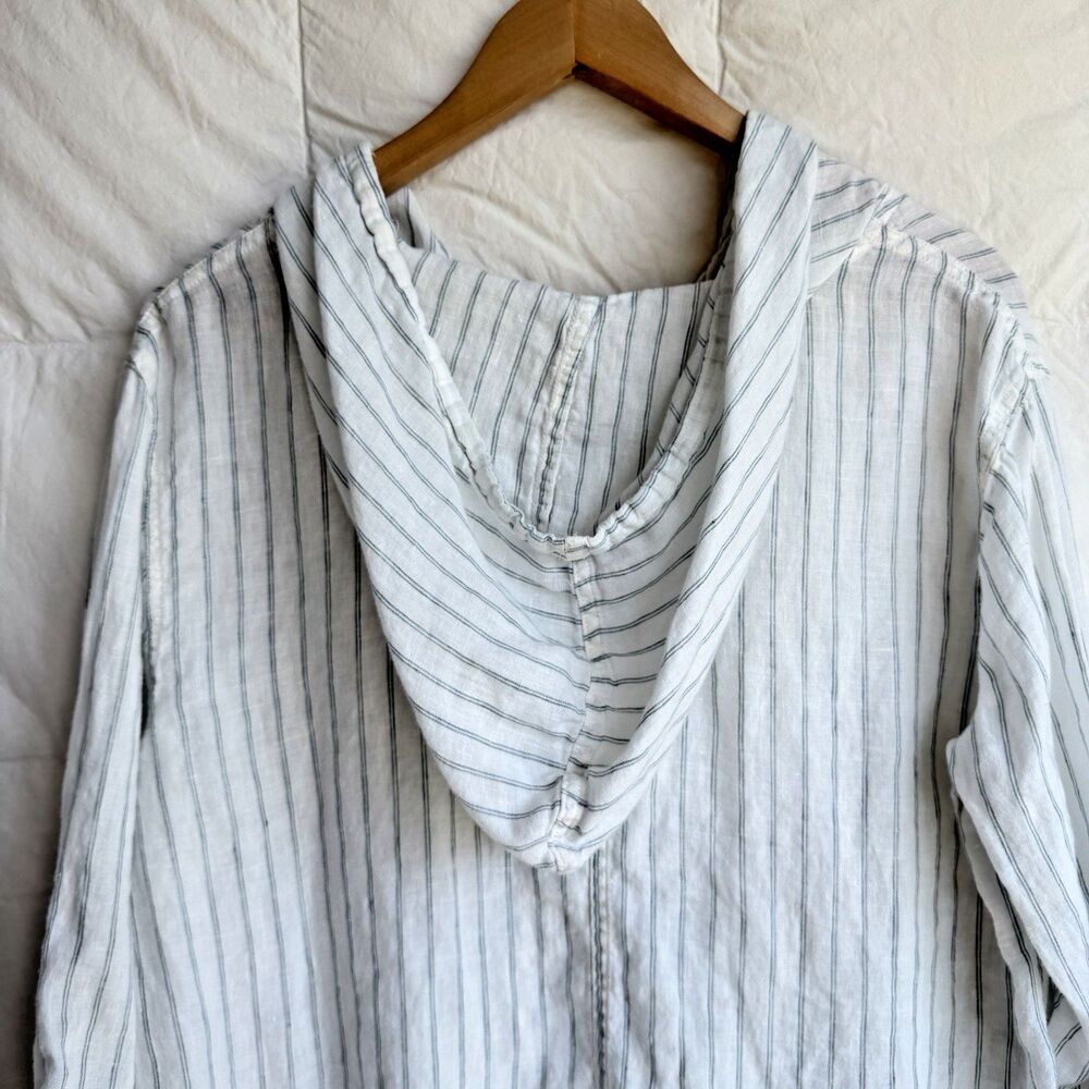 C&C California Womens Medium 100% Linen Striped Hoodie Pullover Shirt White Blue - Picture 10 of 15